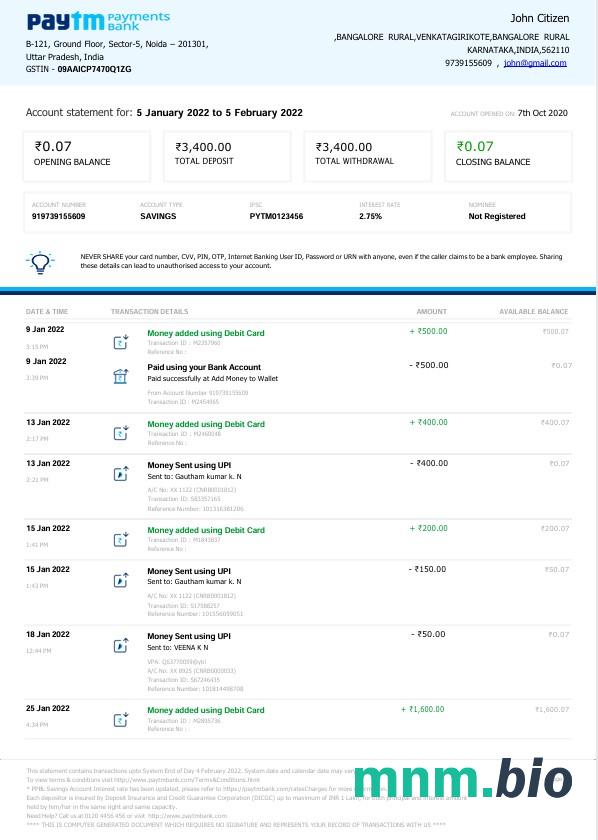 Indie Paytm płatności rachunek bankowy Wyciąg słowo i PDF szablon, 3 strony, 3 strony